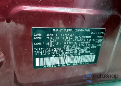 2018 Subaru Outback 3.6R Limited z USA, uszkodzony, nr VIN 4S4BSENC4J3270959